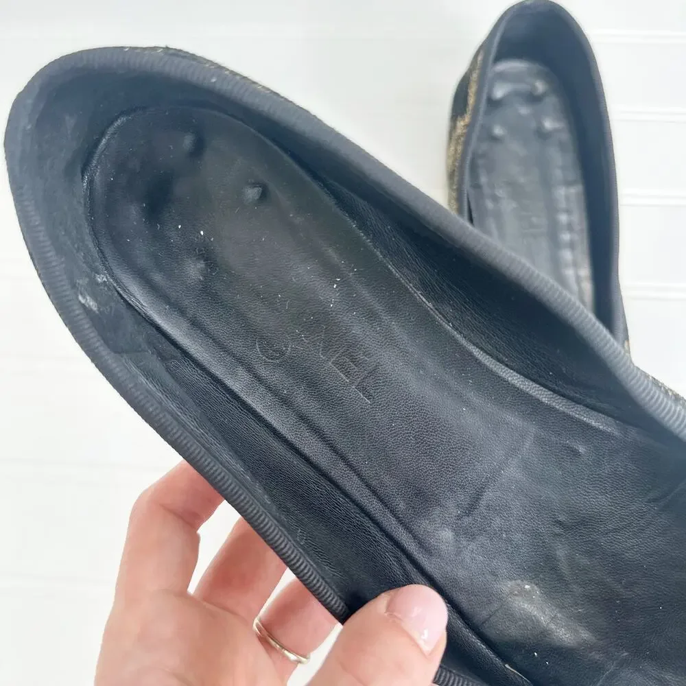 Chanel Ballet Flats Cap Toe CC Black Gold Metallic Suede Leather Ballerina Shoes - Picture 7 of 8